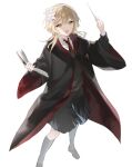  1girl black_coat black_skirt black_socks black_sweater blonde_hair book coat collared_shirt crossover full_body genshin_impact harry_potter_(series) highres hogwarts_school_uniform holding holding_book holding_stick kneehighs loafers long_sleeves looking_up lumine_(genshin_impact) necktie open_mouth pleated_skirt red_necktie red_trim school_uniform shirt shoes simple_background skirt socks solo standing stick sweater umnume white_background white_shirt wide_sleeves wizarding_world yellow_eyes 