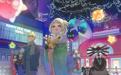  2026 2boys 2girls :d alternate_costume alternate_hairstyle arm_up blonde_hair blurry building commentary_request constellation cosmog e-co elio_(pokemon) eyelashes glowing gothitelle gothorita green_eyes happy_new_year highres holding japanese_clothes kimono lillie_(pokemon) magneton minior molayne_(pokemon) multiple_boys multiple_girls nengajou new_year night open_mouth outdoors pokemon pokemon_(creature) pokemon_center pokemon_sm porygon2 scarf selene_(pokemon) signature sky smile star_(sky) 
