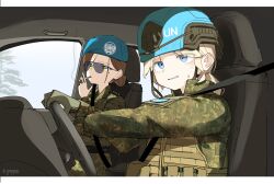  2girls absurdres army blue_eyes blue_helmet brown_hair camouflage camouflage_jacket camouflage_pants combat_helmet commentary_request digital_camouflage driving gruppe helmet highres jacket military military_combat_uniform military_fatigues military_operator military_uniform multiple_girls original pants smoking soldier sunglasses tactical_clothes tobacco united_nations 