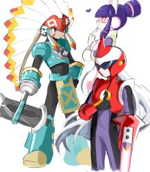 1girl 2boys arm_blade armor assault_visor axe bodysuit boots breasts brown_eyes dress energy_sword facial_mark full_body gloves green_armor green_boots hat headdress heart helmet highres long_hair meddy.exe_(mega_man) mega_man_(series) mega_man_battle_network_(series) mega_man_battle_network_5 multiple_boys native_american_headdress netnavi nurse nurse_cap protoman.exe purple_hair red_armor red_helmet rokuroku551 simple_background smile sword tinted_eyewear tomahawkman.exe weapon white_background white_dress white_hair 