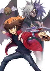  1boy 1other absurdres black_shirt brown_eyes brown_hair card claws deadspike_nine demon_wings duel_academy_uniform_(yu-gi-oh!_gx) duel_disk duel_monster feathers green_eyes hair_between_eyes heterochromia highres holding jacket legs_apart long_sleeves male_focus multicolored_hair open_clothes open_jacket open_mouth orange_eyes pants purple_hair red_jacket shirt short_hair simple_background smile split-color_hair standing third_eye two-tone_hair white_background white_hair winged_kuriboh wings yu-gi-oh! yu-gi-oh!_gx yubel yuki_judai 