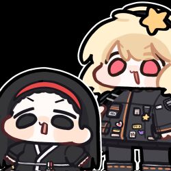  2girls aeng-du_(project_moon) black_background black_coat black_eyes black_hair black_pants black_robe blonde_hair coat ezra_(project_moon) hair_ornament headband highres limbus_company littlesoin long_hair multiple_girls pants pin pink_eyes project_moon red_headband robe simple_background star_(symbol) star_hair_ornament the_distortion_detective 