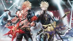  2boys arm_tattoo belt black_belt black_jacket black_pants blonde_hair braid chest_tattoo commentary darkavey elbow_gloves electric_guitar english_commentary facial_tattoo gloves gradient_hair guitar holding holding_guitar holding_instrument holding_microphone honkai:_star_rail honkai_(series) instrument jacket leather leather_jacket leather_pants looking_at_another male_focus medium_hair microphone microphone_stand multicolored_hair multiple_boys mydei_(honkai:_star_rail) open_clothes open_jacket pants phainon_(honkai:_star_rail) phainon_(khaslana)_(honkai:_star_rail) profile red_hair red_tattoo side_braid sleeveless stage_lights tattoo yellow_eyes 