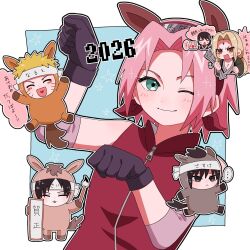  ... 1other 2026 3boys 3girls animal_costume animal_ears black_gloves black_hair blonde_hair blush clenched_hand closed_mouth elbow_pads fake_animal_ears gloves haruno_sakura headband heart highres mogu_20251226 multiple_boys multiple_girls naruto_(series) naruto_shippuuden new_year one_eye_closed open_mouth paintbrush paw_pose pig pink_hair red_shirt sai_(naruto) shirt shizune_(naruto) short_hair sleeveless smile star_(symbol) tonton_(naruto) tsunade_(naruto) uchiha_sasuke uzumaki_naruto zipper 