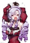  1girl absurdres arms_up black_gloves crying degarashi_01 detached_sleeves dress drill_hair gloves highres hyakumantenbara_salome hyakumantenbara_salome_(1st_costume) juliet_sleeves long_hair long_sleeves nijisanji puffy_sleeves purple_hair red_dress solo t_t virtual_youtuber 