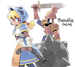  1girl armor ball_and_chain_(weapon) blonde_hair blue_dress blue_eyes breastplate commentary_request cowboy_shot crusader_(ragnarok_online) dress glasses highres holding holding_sword holding_weapon huge_weapon living_armor looking_at_viewer masuki open_mouth pauldrons ragnarok_online raydric red-framed_eyewear short_hair shoulder_armor simple_background smile solo spiked_ball_and_chain sword visor_(armor) weapon white_background 