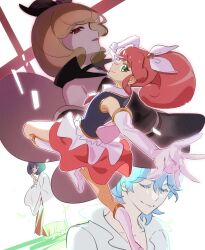  1boy 1girl black_hair blonde_hair blue_(happinesscharge_precure!) blue_hair bob_cut boots closed_eyes closed_mouth cure_mirage full_body green_eyes happinesscharge_precure! highres japanese_clothes knee_boots lipstick long_sleeves looking_at_viewer makeup miko pink_hair ponytail precure queen_mirage red_eyes sandals shipu_(gassyumaron) sleeveless time_paradox v white_boots 