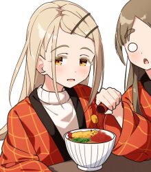  0_0 2girls accident blonde_hair blush bowl brown_hair colored_eyelashes commentary_request food gakuen_idolmaster hair_ornament hairclip hanten_(clothes) highres holding_spice_shaker idolmaster kuramoto_china long_hair long_sleeves looking_at_viewer multiple_girls open_mouth orange_eyes parallel_hairclips parted_bangs pepper_(spice) pepper_shaker shinosawa_hiro shrimp shrimp_tempura simple_background surprised sweater swept_bangs table tempura thick_eyebrows upper_body white_background white_sweater yairo_ju 