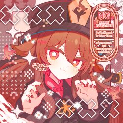  1girl :3 black_shirt blush brown_background brown_hair brown_hat brown_nails closed_mouth commentary commission dot_nose double-parted_bangs flower-shaped_pupils genshin_impact hair_between_eyes hands_up hat highres hu_tao_(genshin_impact) long_hair long_sleeves looking_at_viewer nail_polish portrait red_eyes shirocha_tei shirt skeb_commission smile solo sparkle symbol-shaped_pupils twitter_username v-shaped_eyebrows watermark 