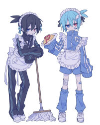 2boys absurdres apron black_hair black_jacket black_pants black_ribbon black_sig blue_eyes blue_hair blue_ribbon blue_shorts blue_socks broom closed_mouth commentary_request crossdressing crossdressing_(mtf) double-parted_bangs dual_persona food frilled_apron frills full_body futaba969649 hair_between_eyes hair_ribbon heterochromia highres holding holding_plate jacket jersey_maid long_sleeves looking_at_viewer maid maid_headdress male_focus male_maid multiple_boys omelet omurice pants plate puyopuyo red_eyes ribbon shoes short_hair shorts sig_(puyopuyo) simple_background sleeves_past_fingers sleeves_past_wrists sneakers socks standing track_jacket unconventional_maid white_apron white_background white_shoes zipper 