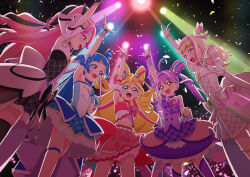  5girls :d aokaze_nana arm_up back_bow black_dress black_hair blonde_hair blue_dress blue_eyes blue_hair bow brooch choker commentary confetti cure_idol cure_kiss cure_kyunkyun cure_wink cure_zukyuun detached_sleeves double_bun dress earrings elbow_gloves gloves green_hair hair_bun hair_ornament hair_rings hand_on_own_chest heart heart_brooch jewelry kimi_to_idol_precure large_bow long_hair looking_at_another meroron_(precure) midriff mini_person minigirl multicolored_hair multiple_girls off-shoulder_dress off_shoulder pink_hair pink_shirt pink_skirt plaid_clothes plaid_skirt pleated_dress precure puffy_detached_sleeves puffy_sleeves purirun_(precure) purple_choker purple_dress purple_hair purple_thighhighs sakura_uta_(precure) shigure_kokoro shirt short_dress skirt sleeveless sleeveless_shirt smile stage_lights strapless strapless_dress streaked_hair thigh-highs tiler_(tiler00) twintails two-tone_hair very_long_hair violet_eyes white_dress white_gloves white_thighhighs yellow_eyes 