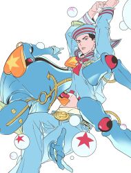  1boy anchor_symbol belt belt_buckle black_hair blue_eyes blue_hat blue_pants blue_sailor_collar blue_shirt bubble buckle commentary_request compass_rose dixie_cup_hat green_belt hands_up hat higashikata_josuke_(jojolion) highres humanoid_robot jojo_no_kimyou_na_bouken jojolion korean_commentary l68xl84 male_focus midriff military_hat navel official_alternate_costume pants parted_lips robot sailor sailor_collar sailor_hat shirt soft_&amp;_wet stand_(jojo) star_(symbol) 