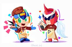  2boys alternate_costume apron assault_visor black_hair blue_helmet buysell_bird cafe commentary green_eyes helmet highres holding holding_menu long_hair male_focus mega_man_(series) mega_man_battle_network_(series) megaman.exe menu menu_board multiple_boys name_tag netnavi open_mouth protoman.exe red_helmet simple_background spiky_hair standing symbol-only_commentary twitter_username white_background white_hair 