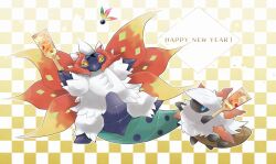  +_+ animal_focus blue_eyes bug colored_sclera commentary_request cross-shaped_pupils hane_(hanetsuki) hanetsuki happy_new_year highres holding holding_paddle horns larvesta mofu_(pk3566) moth multiple_wings new_year no_humans orange_wings paddle pokemon pokemon_(creature) pokemon_focus slither_wing symbol-shaped_pupils tail white_fur wings yellow_eyes yellow_sclera 