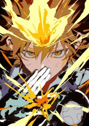  1boy 333takoyaki absurdres arm_up black_gloves brown_hair collared_shirt commentary_request covering_own_mouth fingerless_gloves fire gloves highres katekyo_hitman_reborn looking_at_viewer male_focus open_collar orange_eyes sanpaku sawada_tsunayoshi shirt short_hair solo spiky_hair upper_body white_shirt 