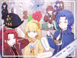  4boys 5girls ahoge ascot big_bird_(project_moon) binah_(project_moon) bird black_coat blanket blonde_hair blue_coat blue_eyes blue_hair blue_star blurry blush book bow bow_hairband bowl bowtie braid brooch brown_coat brown_hair che_paru chesed_(project_moon) chopsticks chromatic_aberration closed_eyes coat coat_on_shoulders collared_shirt corset crown_braid drooling eating english_commentary english_text flower food fur-trimmed_coat fur_trim gebura_(project_moon) gem green_bow green_bowtie green_eyes green_hair grey_eyes grey_hair grey_necktie grey_suit hairband happy_new_year happy_teddy_bear heterochromia high_ponytail highres hod_(project_moon) hokma_(project_moon) holding holding_book holding_bowl holding_chopsticks jewelry lab_coat lapels library_of_ruina long_hair long_sleeves lying malkuth_(project_moon) medium_hair mochi mochi_trail monocle multiple_boys multiple_girls necktie netzach_(project_moon) new_year on_side open_clothes open_coat open_mouth parted_bangs ponytail porccubus project_moon punishing_bird purple_coat purple_hair purple_necktie red_ascot red_coat red_flower red_hair red_hairband saliva shirt short_hair sleeping smoking stuffed_animal stuffed_toy suit teddy_bear tiphereth_a_(project_moon) white_coat white_eyes white_shirt yellow_bow yellow_bowtie yellow_coat yellow_corset yellow_eyes yesod_(project_moon) 