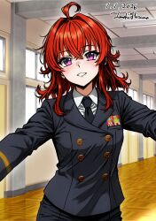  1girl ahoge arashi_(kancolle) artist_name black_neckerchief buttons collared_shirt commentary_request dated double-breasted dress_shirt hallway highres hisama_tomoki kantai_collection medium_hair military_uniform neckerchief one-hour_drawing_challenge outstretched_arms pencil_skirt red_eyes red_hair shirt skirt solo upper_body white_shirt 