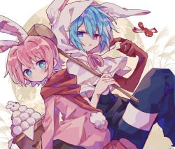  +_+ 2boys absurdres animal_ears animal_hood black_shirt black_shorts blue_eyes blue_hair blush capelet closed_mouth commentary_request futaba969649 gloves hair_between_eyes heterochromia highres hood hood_up hooded_capelet jacket kine looking_at_viewer male_focus mallet multiple_boys ocean_prince open_mouth pink_hair pink_jacket puyopuyo puyopuyo_fever rabbit_ears rabbit_hood rabbit_tail red_eyes red_gloves red_shoes salde_canarl_shellbrick_iii shirt shoes short_hair shorts sig_(puyopuyo) single_glove tail watermark white_capelet 