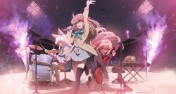  3girls ahoge animal_ear_fluff animal_ears annytf asymmetrical_legwear audio_cable badge band_(music) black_cardigan black_skirt blue_boots blue_eyes boots bow bowtie broken_heart broken_heart_hair_ornament brown_hair button_badge buttons cardigan chibi commentary concert drone drum drum_set drumsticks electric_guitar english_commentary evil_neuro-sama fender_stratocaster fox_ears fox_girl fox_tail glowstick gradient_hair green_bow green_bowtie grey_sailor_collar grey_skirt guitar hair_ornament hair_ribbon hairclip hand_up headphones heart heart_button heart_hair_ornament highres holding holding_instrument hood hoodie indie_virtual_youtuber instrument keyboard_(instrument) long_hair microphone microphone_stand multicolored_hair multiple_girls music neuro-sama night no_pants on_one_knee open_mouth osu! pink_shirt playing_guitar playing_instrument pleated_skirt purple_hoodie red_eyes red_ribbon ribbon sailor_collar school_uniform serafuku shirt shoes siblings single_sock single_thighhigh sisters sitting skirt sky smile socks stadium stadium_lights stage stage_lights standing standing_on_one_leg star_(symbol) star_hair_ornament star_print swarm_drone_(neuro-sama) tail tanziya_(codlxcold) thigh-highs turtle turtle_button twins two_side_up uneven_legwear vedal987 vedal_ai virtual_youtuber white_thighhighs wide_shot yellow_eyes zettai_ryouiki 
