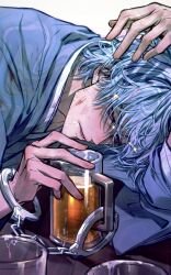  1boy alcohol alternate_costume beer beer_mug blue_hair blue_kimono bruise bruise_on_face commentary_request cuffs cup drunk gintama handcuffs highres holding holding_cup injury japanese_clothes kimono long_sleeves male_focus messy_hair mug muummuum sakata_gintoki short_hair solo sparkle upper_body white_background 