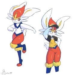  1girl animal_ears animal_feet animal_hands animal_nose arm_up arms_up artist_name black_hat blue_fur blush body_fur bottomless bright_pupils cinderace closed_mouth commentary english_commentary flat_chest full_body furry furry_female groin hand_on_own_hip happy hat highres j.jama leg_up light_blush looking_at_viewer multicolored_fur multiple_views one_eye_closed poke_ball_symbol pokemon pokemon_(creature) rabbit_ears rabbit_girl rabbit_tail red_eyes red_fur red_hair shiny_skin shirt short_hair short_sleeves short_tail signature simple_background smile standing standing_on_one_leg tail thighs twitter_username visor_cap white_background white_fur white_pupils yellow_fur yellow_shirt 