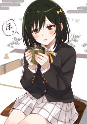  1girl black_jacket blush bob_cut collared_shirt commentary cup egasumi green_hair highres holding holding_cup jacket long_sleeves looking_at_viewer love_live! love_live!_nijigasaki_high_school_idol_club mifune_shioriko neck_ribbon nijigasaki_school_uniform plaid_clothes plaid_skirt pleated_skirt red_eyes ribbon school_uniform seigaiha shirt short_hair sitting skirt skt_(ryxxxxx) smile solo speech_bubble white_shirt white_skirt winter_uniform yellow_ribbon yunomi 