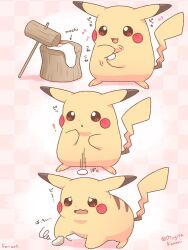  ! :3 :d arrow_(symbol) artist_name blush_stickers brown_eyes checkered_background commentary_request dropping food food_name highres holding holding_food kine mallet mochi mugita_konomi musical_note no_humans open_mouth pikachu pink_background pokemon pokemon_(creature) pokemon_focus smile squiggle 