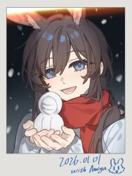 1girl :d absurdres amiya_(arknights) animal_ears arknights ayami_chan_0122 blue_eyes brown_hair character_name chinese_commentary commentary_request cupping_hands dated fingernails grey_sweater hair_between_eyes highres holding long_hair long_sleeves looking_at_viewer open_mouth own_hands_together photo_(object) red_scarf scarf smile snowing solo sweater 