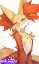 1girl :3 animal_ear_fluff animal_ears animal_nose artist_name body_fur chromatic_aberration closed_mouth collarbone commentary delphox english_commentary flat_chest fox_ears fox_girl furry furry_female half-closed_eyes happy head_tilt looking_at_viewer mixed-language_commentary multicolored_fur patreon_username pokemon pokemon_(creature) red_eyes red_fur signature simple_background sitting smile solo sparkle suahh v_arms watermark web_address white_background white_fur yellow_fur 