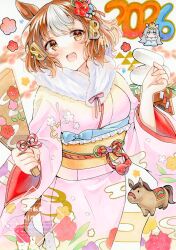  2026 2girls :d animal_ears belno_light_(umamusume) brown_eyes brown_hair commentary_request flower food food_on_head fruit fruit_on_head fur_collar grey_hair hagoita hair_flower hair_ornament highres horse_ears horse_girl japanese_clothes kimono letter_hair_ornament long_hair long_sleeves looking_at_viewer mandarin_orange marker_(medium) mochi multiple_girls new_year obi obijime object_on_head oguri_cap_(umamusume) paddle pink_kimono print_kimono red_flower sash shin_kun30 smile traditional_media twitter_username umamusume umamusume:_cinderella_gray watermark wide_sleeves yellow_sash 