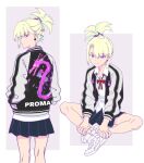  1boy alternate_costume black_skirt blonde_hair collared_shirt copyright_name crossdressing dragon earrings eastern_dragon from_behind hair_ornament hairclip high_ponytail jacket jewelry lio_fotia looking_at_viewer looking_back male_focus multiple_views official_alternate_hairstyle otoko_no_ko pleated_skirt promare red_ribbon ribbon shirt shoes short_hair sidelocks sitting skirt smile sneakers sukajan swept_bangs triangle_earrings violet_eyes white_background white_footwear white_shirt yon_prmr 