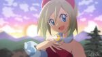  1girl :d anime_coloring blonde_hair blue_eyes blurry blurry_background bracelet clouds collar commentary_request day eyelashes hairband hand_on_own_chest hand_up head_tilt irida_(pokemon) jewelry looking_at_viewer medium_hair oooise open_mouth outdoors pokemon pokemon_(game) pokemon_legends:_arceus red_hairband red_shirt shirt signature sky smile strapless strapless_shirt sun tongue upper_body 