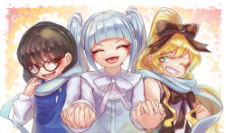  3girls :d ;) ^_^ absurdres bare_arms bare_shoulders black-framed_eyewear black_bow black_hair blonde_hair blue_hair blue_scarf blunt_bangs bow brown_hair closed_eyes commentary dei_matsuri facing_viewer futate_eru glasses green_eyes hair_bow high_ponytail highres holding_hands iin_chiyo interlocked_fingers kimi_no_koto_ga_dai_dai_dai_dai_daisuki_na_100-nin_no_kanojo lapi-p long_hair long_sleeves looking_at_viewer multiple_girls one_eye_closed open_mouth ponytail scarf sidelocks smile twintails white_bow 