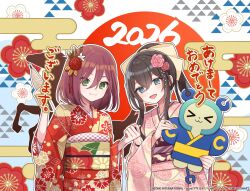  >_< 2026 2girls :3 :d akeome akowazaki aqua_eyes assault_lily blush bow brown_hair character_doll charmy_(assault_lily) circle closed_mouth commentary_request copyright_notice doll egasumi floral_print flower furisode green_eyes hair_between_eyes hair_bow hair_flower hair_ornament hands_up happy_new_year hatsukano_yo high_ponytail highres holding holding_kite holding_string japanese_clothes jewelry kimono kite long_bangs long_hair long_sleeves looking_at_viewer medium_hair multiple_girls new_year obi official_alternate_costume official_art open_mouth pink_kimono ponytail print_kimono red_background red_flower red_hair red_kimono red_rose ring rose sakuramon sash serizawa_chikaru sidelocks smile string tassel tassel_hair_ornament translated two-tone_kimono upper_body uroko_(pattern) white_background wide_sleeves yellow_bow yellow_kimono 