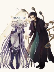  1boy 1girl black_boots black_bow black_bowtie black_coat black_hair black_pants black_vest boots bow bowtie breasts cane closed_mouth coat colored_skin commentary_request cowlick cross-laced_coat fate/grand_order fate_(series) formal_clothes gloves green_eyes grey_hair grey_skin hair_slicked_back highres holding holding_cane holding_smoking_pipe isomachi long_coat long_hair long_sleeves magnifying_glass one_eye_closed open_clothes open_coat pants pointy_ears priestess_of_the_alien_god sherlock_holmes_(fate) sherlock_holmes_(third_ascension)_(fate) shirt short_hair smile smoking_pipe spoilers standing suit twitter_username very_long_hair vest white_gloves white_shirt wingtip_collar 