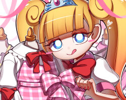  1girl artist_name blonde_hair blue_eyes blush_stickers commentary_request gingham_clothes heart highres licking_lips long_hair looking_at_viewer muchaburikko pipiko. puffy_short_sleeves puffy_sleeves short_sleeves smile solo tongue tongue_out twintails unworn_clothes youkai_(youkai_watch) youkai_watch youkai_watch_3 