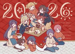  2026 6+girls :d ^_^ aijou_karen animal-shaped_pillow baking_sheet black_hair black_socks blonde_hair blue_bow blue_hair blue_pants blue_skirt blue_sweater blunt_bangs bow bowl bright_pupils brown_hair chopsticks closed_eyes commentary_request controller cupcake daiba_nana dress eating food fruit game_controller gamepad glasses green_eyes grey_dress grey_sweater grin gyosite hagoita hair_between_eyes hair_bow hair_ribbon hanayagi_kaoruko hand_on_another's_head hand_on_own_cheek hand_on_own_face hands_up happy_new_year head_on_pillow highres holding holding_bowl holding_chopsticks holding_controller holding_game_controller holding_with_chopsticks hoshimi_junna hugging_object isurugi_futaba kagami_mochi kagura_hikari knee_up kotatsu kotoyoro long_hair long_sleeves looking_ahead looking_at_another looking_at_food looking_to_the_side low_ponytail mandarin_orange mochi multiple_girls new_year no_shoes one_eye_closed open_mouth paddle pants pillow pillow_hug pink_eyes pink_hair playing_games playing_video_games ponytail purple_hair red_background red_ribbon red_sweater ribbon romaji_text saijou_claudine seiza short_hair short_twintails shoujo_kageki_revue_starlight sidelocks sitting skirt smile socks spread_legs standing sweater table tendou_maya translation_request tsuyuzaki_mahiru turtleneck turtleneck_sweater twintails two-tone_background two_side_up under_kotatsu under_table v-shaped_eyebrows very_long_hair violet_eyes white_background white_pupils yellow_eyes zouni_soup 