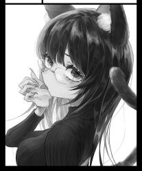  1girl animal_ear_fluff animal_ears breasts cat_ears cat_girl cat_tail circle_cut commentary_request fingernails glasses greyscale hand_up licking licking_hand long_hair long_sleeves looking_at_viewer medium_breasts monochrome okubatomaeba original parted_bangs simple_background solo sweater tail tongue tongue_out upper_body white_background 