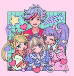  1boy 3girls :d amauri_miruki blonde_hair blue_eyes blue_hair blunt_bangs blush bow collared_dress commentary dress fang frilled_dress frills frown hair_bow hair_ornament hair_ribbon hand_up heart idol_land_pripara kiratto_pri_chan long_hair long_sleeves looking_at_viewer manaka_non moegi_emo multicolored_hair multiple_girls one_eye_closed ooedo_shinya open_mouth pastel_colors pink_bow pink_dress pink_hair pink_shirt pretty_(series) pripara puffy_short_sleeves puffy_sleeves purple_hair purple_ribbon ribbon rituyama1 shirt short_hair short_sleeves side_ponytail sidelocks smile star_(symbol) star_hair_ornament streaked_hair sweatdrop symbol-only_commentary twintails upper_body v violet_eyes waccha_primagi! white_shirt 
