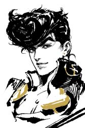  1boy anchor_symbol closed_mouth collared_jacket cropped_shoulders diamond_wa_kudakenai earrings higashikata_josuke highres jacket jewelry jojo_no_kimyou_na_bouken looking_to_the_side male_focus piercing pompadour popped_collar santamanymany short_hair sideways_glance simple_background smile solo spot_color stud_earrings thick_eyebrows white_background 