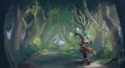  1girl animal_ear_fluff animal_ears arm_up black_gloves black_pantyhose brown_capelet brown_dress capelet cat_ears cat_girl commentary_request day dress forest full_body gloves green_hair hikari151 long_hair looking_at_viewer looking_back nature outdoors pantyhose path ragnarok_online scabbard sheath sheathed solo sword swordsman_(ragnarok_online) twintails walking weapon 