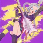  1girl blue_eyes boots collarbone fingerless_gloves gloves highres holding_guitar kuritiizu looking_at_viewer official_alternate_costume open_mouth pokemon pokemon_(game) pokemon_masters_ex purple_background roxie_(pokemon) solo topknot two-tone_background white_hair yellow_background 