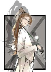  1boy absurdres alternate_costume alternate_hairstyle black_gloves black_shirt border brown_hair chinese_commentary closed_mouth commentary_request contemporary cowboy_shot curtained_hair dress_pants earrings flower flower_earrings from_side gloves green_necktie grey_border half_gloves high_ponytail highres holding holding_flower hua_yi_shanxin_zhiyue jacket jewelry long_hair long_sleeves looking_at_viewer looking_to_the_side male_focus mismatched_earrings mole mole_under_eye necktie outside_border pants pinky_ring ponytail rose shadow shirt simple_background solo standing suit suit_jacket swept_bangs tailcoat tassel tassel_earrings wallet_chain wangulongdong white_border white_flower white_jacket white_pants white_rose white_suit yu_ze 