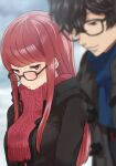  1boy 1girl amamiya_ren black-framed_eyewear black_coat black_hair blue_scarf blurry blush closed_mouth coat commentary_request depth_of_field glasses highres kurosususu long_hair looking_at_another looking_to_the_side outdoors persona persona_5 persona_5_the_royal red_eyes red_scarf redhead scarf short_hair straight_hair swept_bangs yoshizawa_sumire 