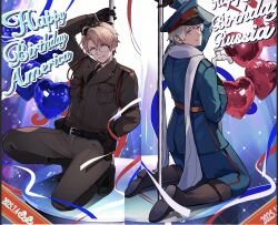  2boys ahoge america_(hetalia) argyle_background arm_behind_back arm_up axis_powers_hetalia baggy_pants balloon belt black-framed_eyewear black_belt black_boots black_gloves black_hat black_necktie blonde_hair blue_background blue_eyes blue_hat blue_jacket blue_pants blurry blurry_background boots breast_pocket brown_boots brown_jacket brown_pants character_name closed_mouth collared_shirt commentary_request confetti dated english_text from_behind full_body glasses gloves gradient_background grey_hair gun gun_sling hair_between_eyes hand_up handgun happy_birthday hat hat_ornament heart_balloon highres holding holding_lead_pipe jacket lapels lead_pipe long_sleeves looking_at_viewer looking_back male_focus military military_hat military_jacket military_uniform mini_hat multiple_boys necktie pants peaked_cap pocket puffy_long_sleeves puffy_sleeves red_belt russia_(hetalia) sama_8_sm scarf semi-rimless_eyewear shadow shirt short_hair sitting smile soviet_army sparkle_background squatting stage_lights star_(symbol) star_hat_ornament striped_belt teeth united_states_army v-shaped_eyebrows violet_eyes weapon white_background white_scarf white_shirt 