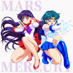  1girl aiming archery back_bow bishoujo_senshi_sailor_moon black_hair blue_boots blue_bow blue_bowtie blue_choker blue_eyes blue_hair blue_sailor_collar blue_skirt blue_theme boots border bow bowtie brooch character_name choker circlet closed_mouth commentary_request dated earrings elbow_gloves full_body gloves high_heel_boots high_heels highres hino_rei inner_senshi jewelry knee_boots long_hair magic magical_girl miniskirt mizuno_ami ofuda on_one_knee open_mouth parted_bangs pirochi pleated_skirt pumps purple_hair red_sailor_collar red_shoes red_skirt sailor_collar sailor_mars sailor_mercury sailor_senshi sailor_senshi_uniform shine_aqua_illusion shoes short_hair skirt smile solo stud_earrings text_background thick_thighs thighs v-shaped_eyebrows violet_eyes white_border white_gloves 