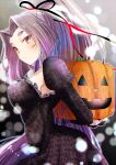  1girl alternate_costume black_dress dress frilled_dress frills halloween hatsuharu_(kancolle) hikimayu jack-o&#039;-lantern kantai_collection kimura_shiki long_hair ponytail pumpkin purple_hair short_eyebrows solo thick_eyebrows violet_eyes 