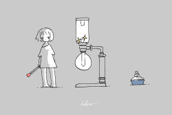  1girl absurdres alcohol_burner barefoot coffee_maker coffee_siphon greyscale highres holding_matchstick kaduise looking_at_viewer mini_person minigirl monochrome no_pants original oversized_clothes oversized_shirt road_sign shirt short_hair short_sleeves sign simple_background single_off_shoulder solo spot_color standing t-shirt 