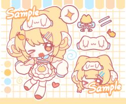  >_o 1girl ;3 ;d apron blonde_hair blush_stickers chibi chibi_only color_guide double-parted_bangs dress food full_body grid_background hair_ornament hairclip highres kneehighs long_sleeves looking_at_viewer one_eye_closed open_mouth orange_dress original parallel_hairclips qin'aide red_shoes sample_watermark shoes short_hair shrimp shrimp_tempura sleep_mask sleeves_past_fingers sleeves_past_wrists smile socks sparkle spoken_sparkle standing tempura watermark white_apron white_socks yellow_eyes 