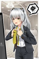  1girl absurdres alternate_costume black_pants black_suit buttons collared_shirt grey_hair highres karenina_(punishing:_gray_raven) long_hair long_sleeves open_mouth pants punishing:_gray_raven rusha2197 shirt sidelocks solo spoken_squiggle squiggle suit twintails twitter_username tying_necktie white_shirt yellow_eyes 